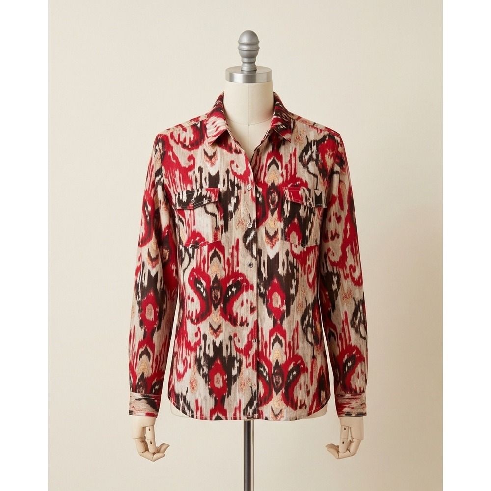 Chico's 2 Ikat Print Button Up Shirt Red‎ Brown Large Western Boho Tribal